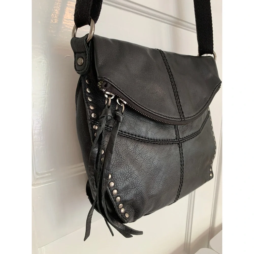 The Sak Silverlake Crossbody Purse / Black Studded Leather Moto Bag w Fringe Zip